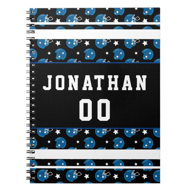 Blue Football Helmet Pattern Name & Jersey Number  Notebook (Front)