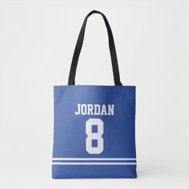 Blue Football Jersey with Custom Name and Number Tote Bag (Front)