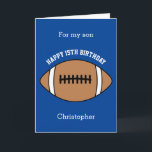 Blue Football Sport 15th Birthday Card<br><div class="desc">A blue personalized football 15th birthday card for son, grandson, godson, etc. You can easily personalize the front of this sports birthday card with his age and name. The inside card message and back of the card can also be personalized for the birthday recipient. This football birthday card for him...</div>