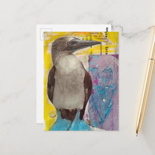 Blue Footed Bird mixed media collage Postcard (Front/Back In Situ)