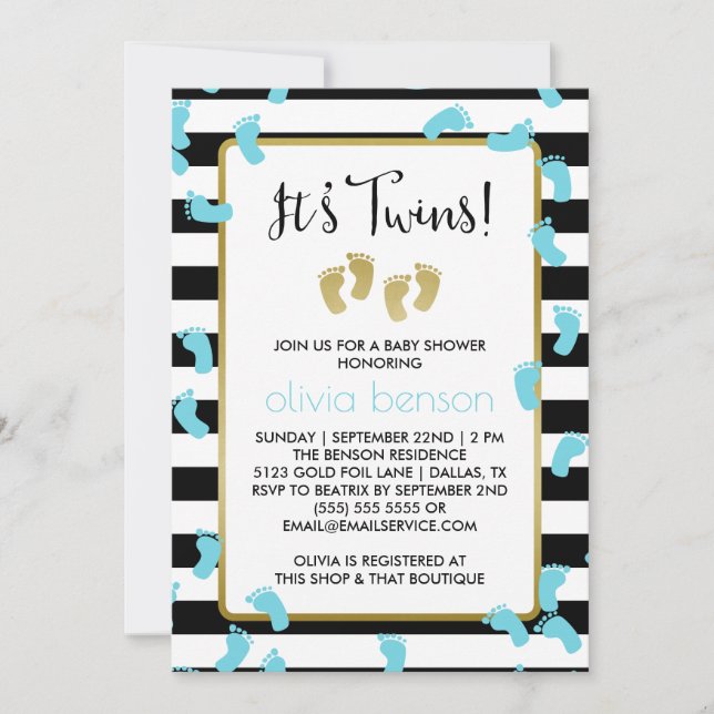 Blue Footprints Black & Gold Twins Baby Shower Invitation (Front)
