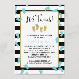 Blue Footprints Black & Gold Twins Baby Shower Invitation