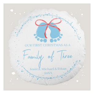 Blue Footprints First Christmas Pattern Round Pillow