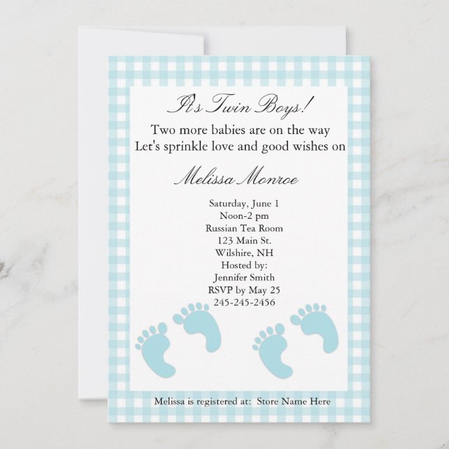 Blue Footprints Twins Sprinkle Shower Invitation (Front)