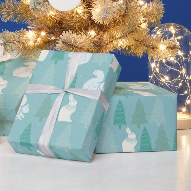 Blue Forest Frolic Pine Tree Squirrels and Bunnies Wrapping Paper (Holidays)