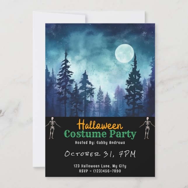 Blue Forest Full Moon Black Halloween Invitation (Front)