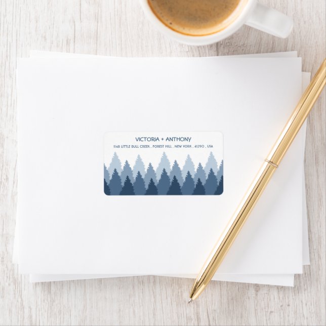 Blue Forest Range Woodland Wedding Label (Insitu)