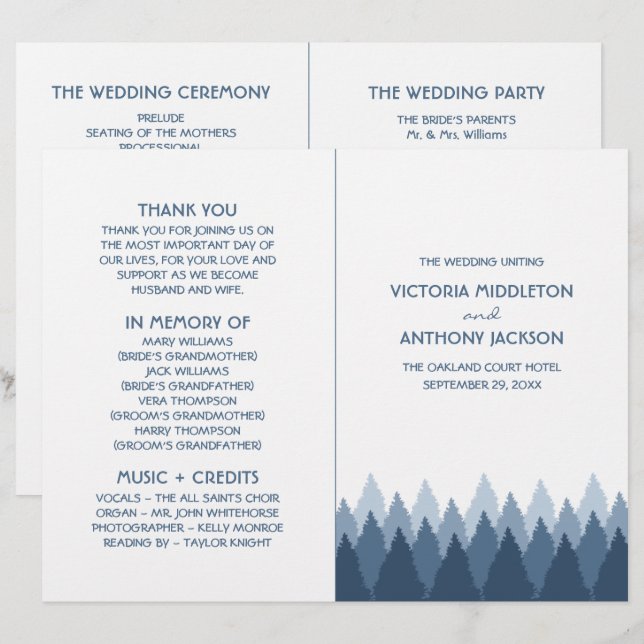 Blue Forest Range Woodland Wedding Programme (Devant / Derrière)