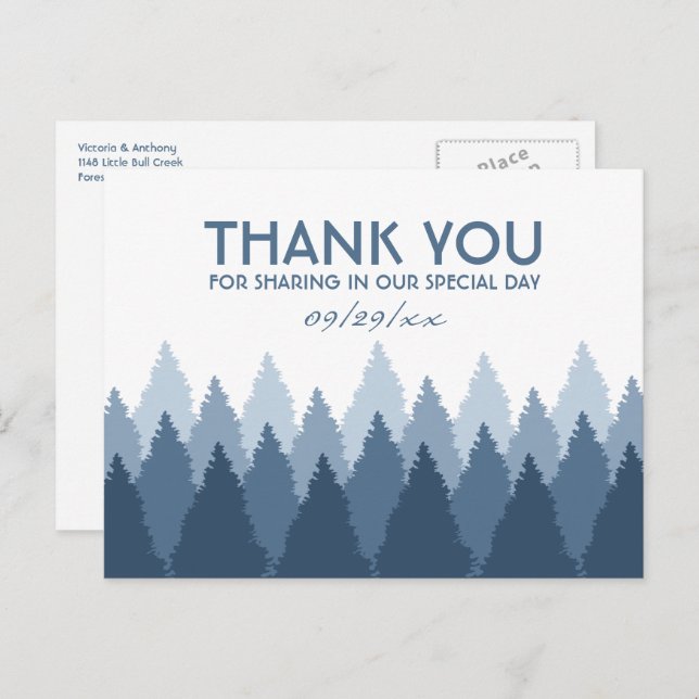Blue Forest Range Woodland Wedding Thank You Postcard (Front/Back)
