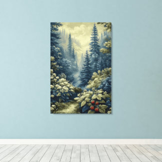 Blue Forest with Red Berries, Stylized Landscape Canvas Print