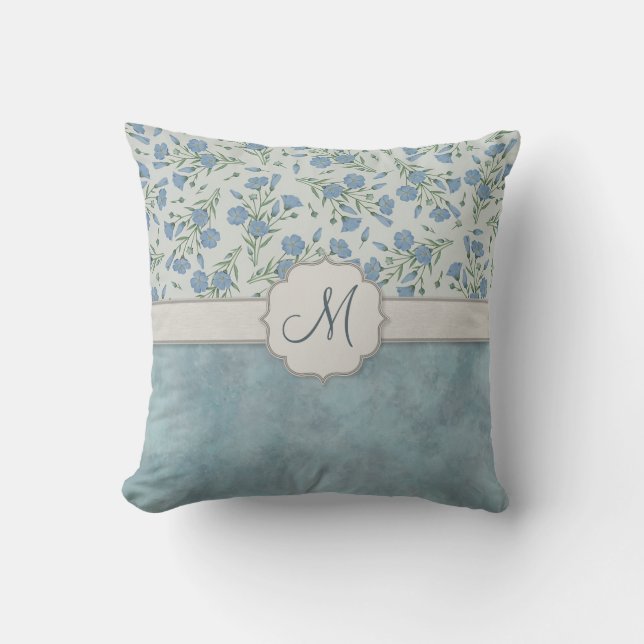 Blue Forget-Me-Not Floral and Marble with Monogram Throw Pillow (Front)