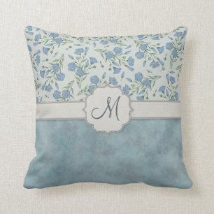 Blue Forget-Me-Not Floral and Marble with Monogram Throw Pillow