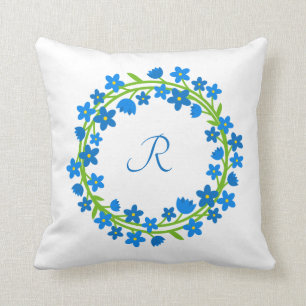  Blue Forget-me-not floral wreath with monogram Throw Pillow