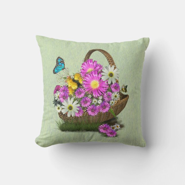 Blue forget-me-not's on a soft pink-blue throw pillow (Front)