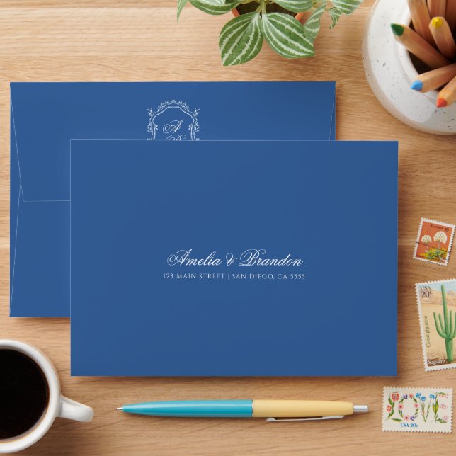 Blue Formal Monogram Crest & Script Wedding Envelope (Desk)