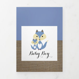Blue Fox Burlap, 5 Photo Collage Baby Birth Tri-Fold Announcement
