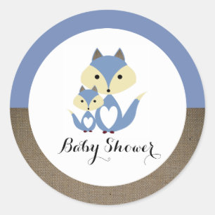 Blue Fox Burlap Baby Shower Classic Round Sticker