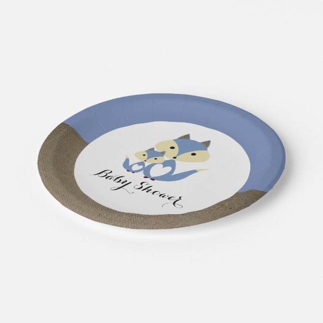 Blue Fox Burlap Baby Shower Paper Plate (Angled)
