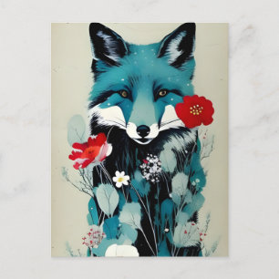 Blue Fox Red and White Flowers Postcard