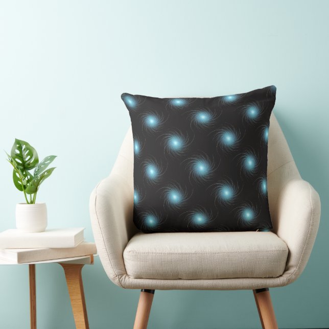 Blue Fractal Cosmic Swirl on Black Pattern Throw Pillow (Chair)