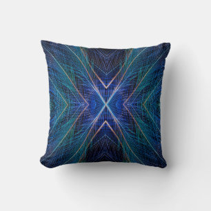 Blue Fractal Feather Design Throw Pillow