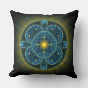 Blue fractal ornate pattern mandala throw pillow