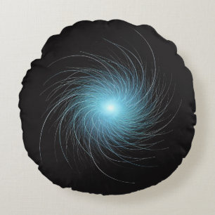 Blue Fractal Swirl on Black Round Pillow