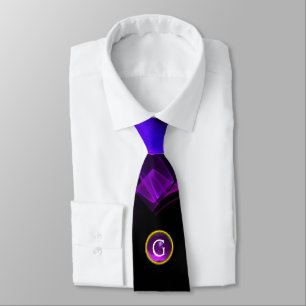 BLUE FRACTAL WAVES AND SWIRLS, PURPLE GEM MONOGRAM TIE