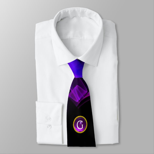 BLUE FRACTAL WAVES AND SWIRLS, PURPLE GEM MONOGRAM TIE (Tied)