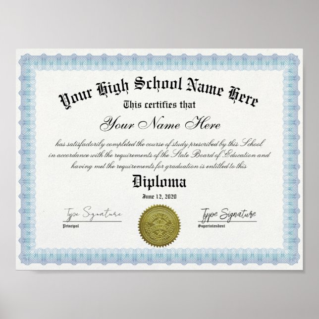 Blue frame High School graduate Diploma Certificat Poster (Front)