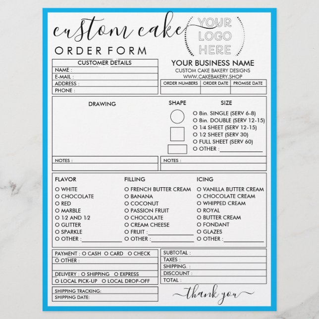 Blue Frame Simple Modern Bakery Cake Order Form Flyer (Front)
