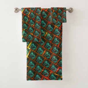 Blue 'framed eyes', square, scratch or red grating bath towel set