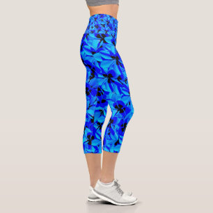 Blue Frangipani Flowers High Waist Capris Leggings
