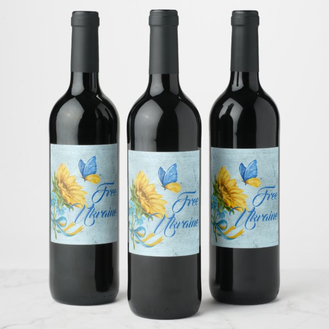 Blue Free Ukraine Sunflower & Butterfly  Wine Label (Bottles)