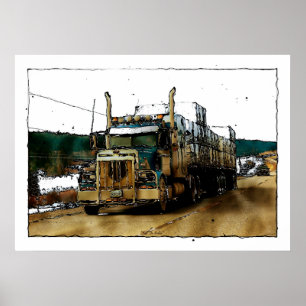 Blue Freight Truck Highway Driving Illustration Poster