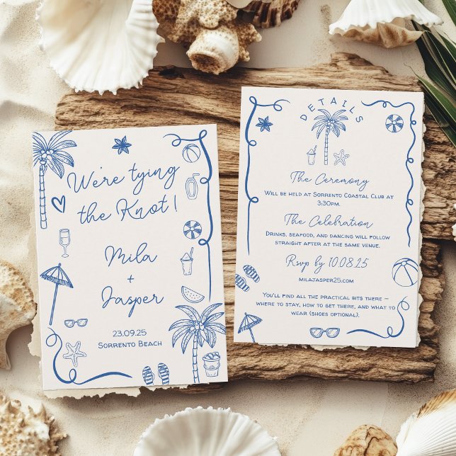 Blue French Beach Seaside Illustration Wedding Invitation (Blue French Beach Seaside Illustration Wedding Invitation)