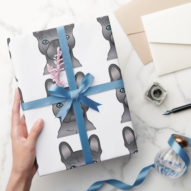 Blue French Bulldog / Frenchie Cartoon Dog Pattern Wrapping Paper (Gifting)
