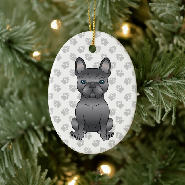 Blue French Bulldog / Frenchie Cartoon Dog & Text Ceramic Ornament (Tree)
