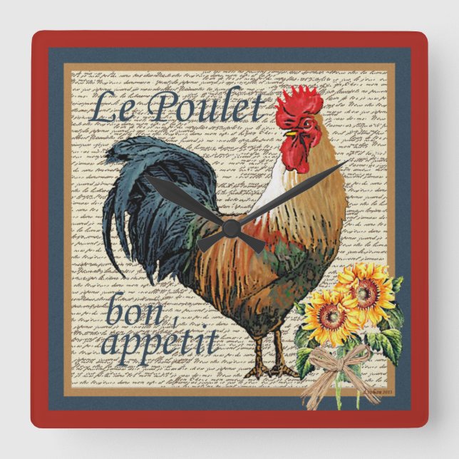 Blue French Country Kitchen Rooster Square Wall Clock (Front)