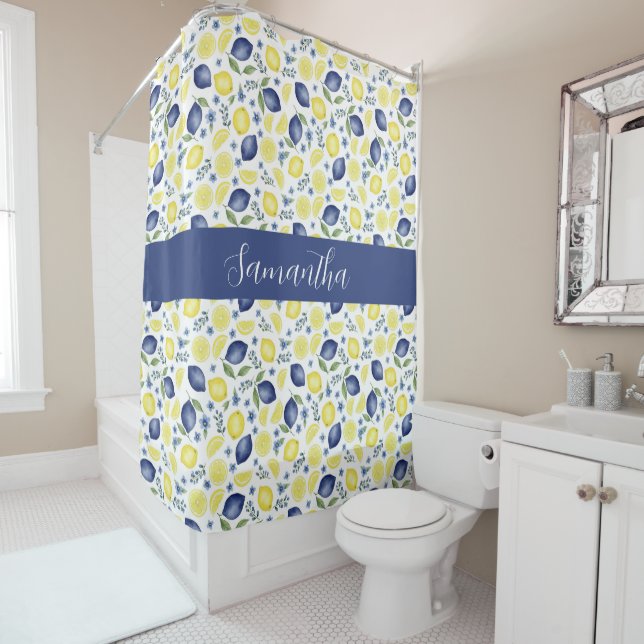 Blue French Country Lemon Pattern Monogram Name  (In Situ)