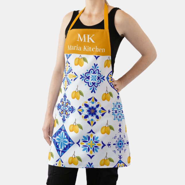 Blue French Country Lemon Pattern Monogram Name Apron (Insitu)