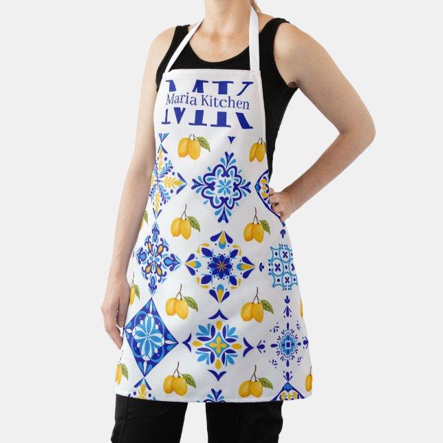 Blue French Country Lemon Pattern Monogram Name Apron (Insitu)