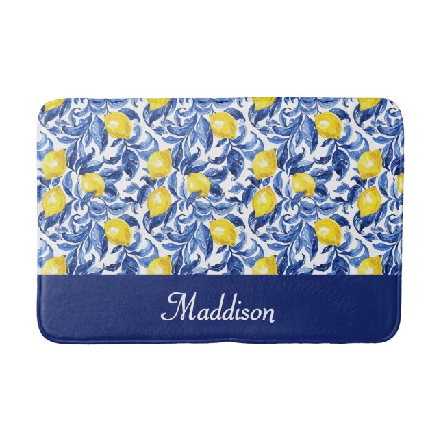 Blue French Country Lemon Pattern Monogram Name Bath Mat (Front)