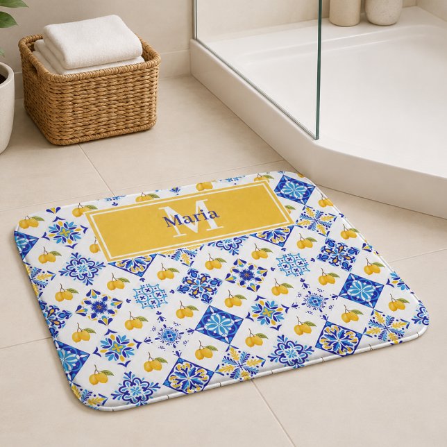 Blue French Country Lemon Pattern Monogram Name Bath Mat (Creator Uploaded)