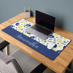Blue French Country Lemon Pattern Monogram Name Desk Mat