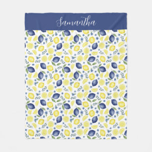 Blue French Country Lemon Pattern Monogram Name Fleece Blanket