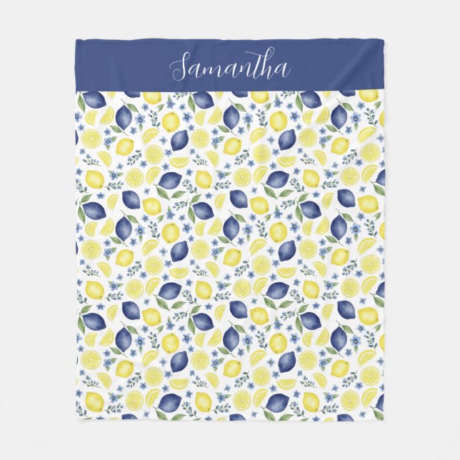 Blue French Country Lemon Pattern Monogram Name Fleece Blanket (Front)