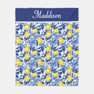 Blue French Country Lemon Pattern Monogram Name Fleece Blanket