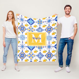 Blue French Country Lemon Pattern Monogram Name Fleece Blanket