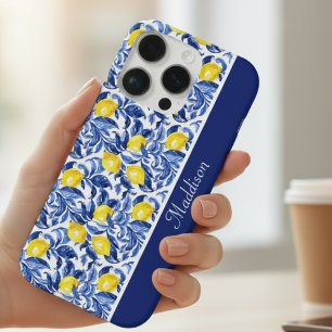 Blue French Country Lemon Pattern Monogram Name iPhone 16 Pro Case
